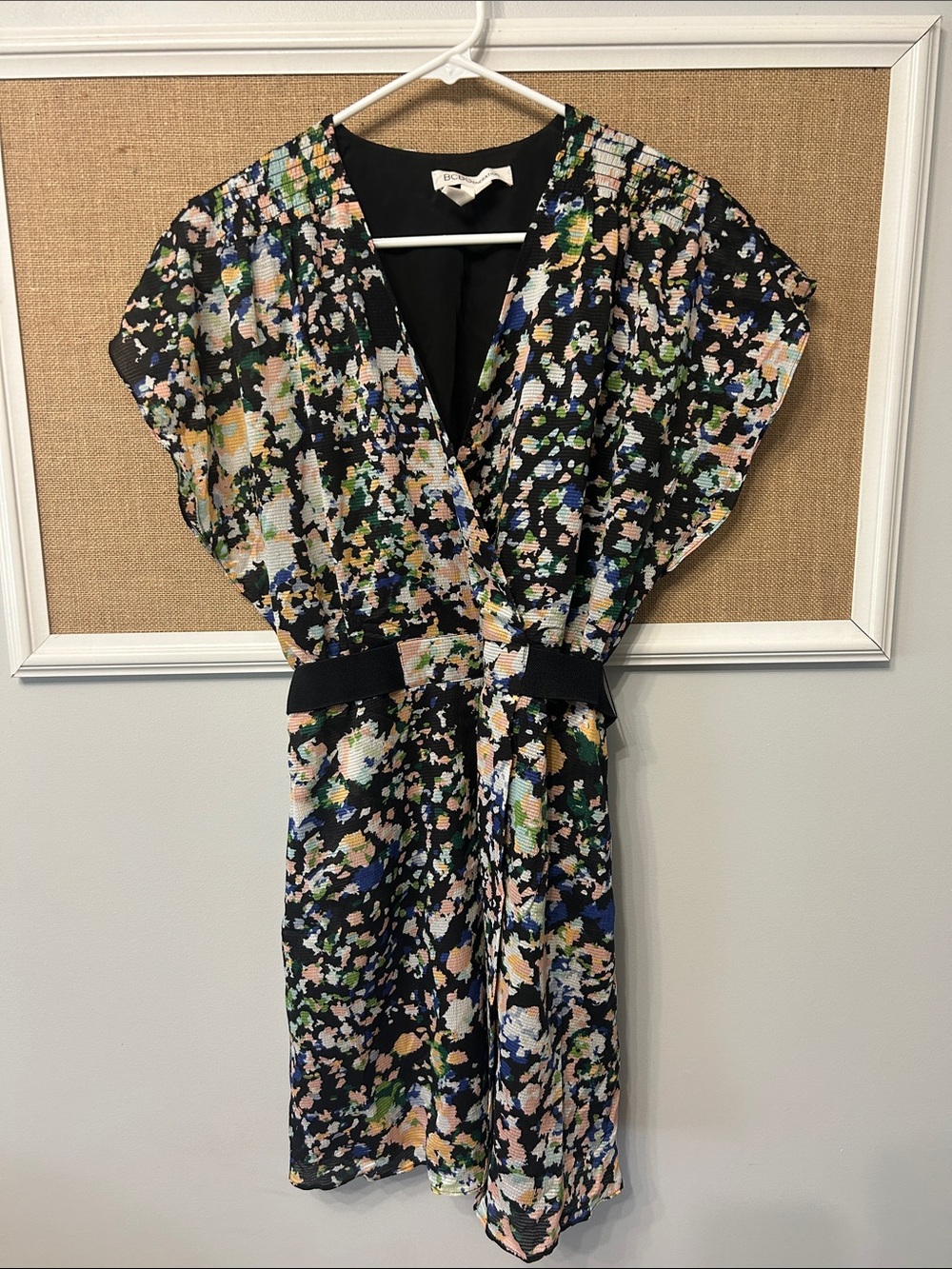 BCBGeneration Black Multicolor Floral V-Neck Midi Dress